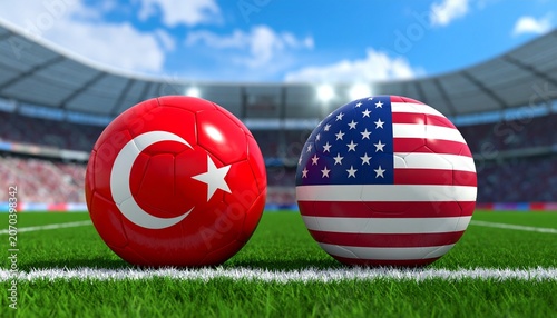Two soccer balls in flags colors on a stadium blurred background. Turkiye vs USA 3D image.
