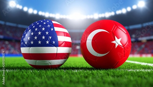 Two soccer balls in flags colors on a stadium blurred background. Turkiye vs USA 3D image.