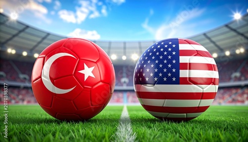 Two soccer balls in flags colors on a stadium blurred background. Turkiye vs USA 3D image.