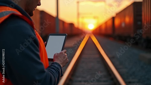 The Railway Worker Using a Tablet to Inspect Freight Trains at Sunset.