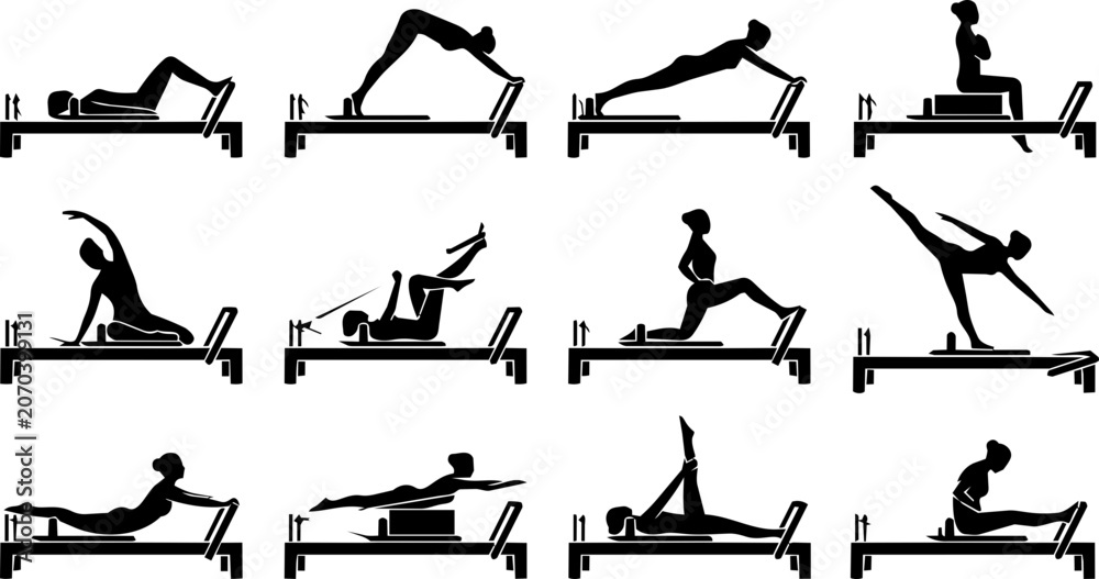 Obraz premium Pilates Reformer Exercise Positions Silhouette Icon Set