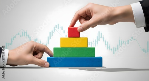 Two people working together to build a colorful block pyramid in front of a stock market chart.
