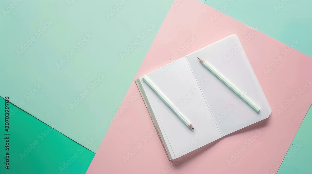 Fototapeta premium Open Notebook with Two White Pens on Colorful Pastel Background for Creative or Office Use