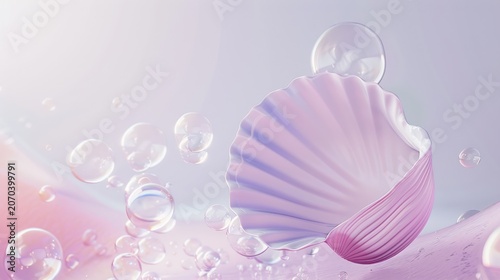 Pastel Pink and Purple Seashell with Floating Bubbles in Soft Light