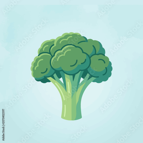 A fresh green broccoli floret on a light blue background
