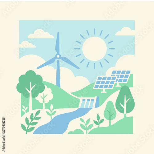 Sustainable energy sources in a clean green landscape