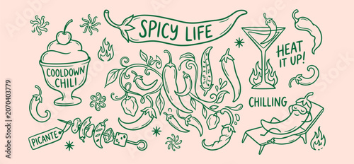 Fotografie Spicy chili pepper pattern, fiery food background, hot seasoning design, culinar