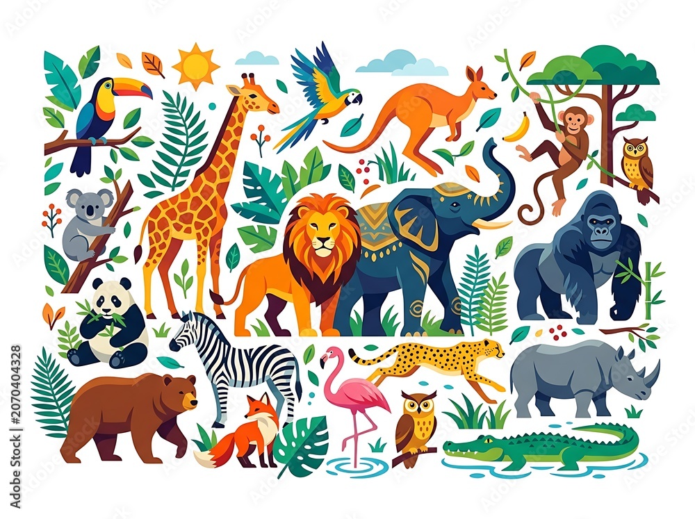 Obraz premium Diverse wildlife animals collection jungle habitat illustration