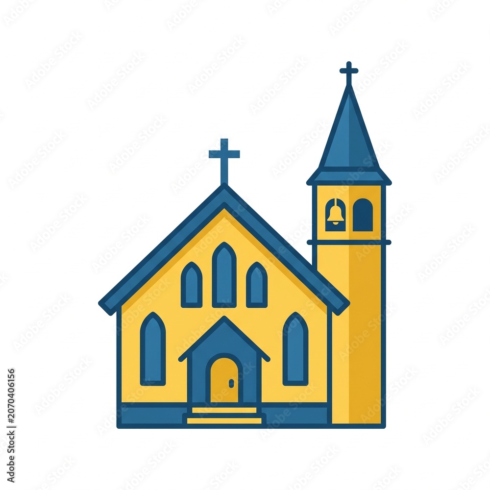 Fototapeta premium Colorful Church Building with Steeple in Flat Vector Illustration Style