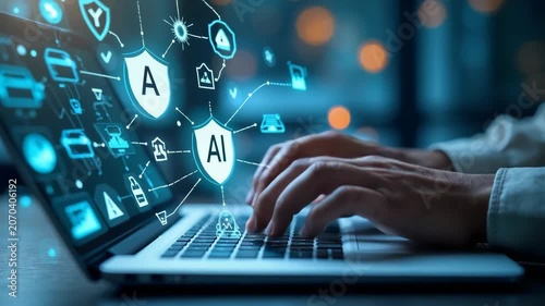 AI Safety and Ethics Concept. Typing on a laptop surrounded by digital icons; AI shields, warning signs, and checkmarks. Ethical guidelines and safety protocols in artificial intelligence sy. doodle