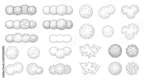 Hand Drawn CAD Vegetation Elements Top View Collection for Architectural Landscape Design Plans
