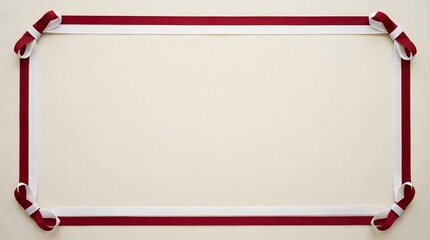 Rectangular Decorative Frame Created with Elegant Red and White Fabric Ribbons on a Plain Cream Background for Festive Invitations