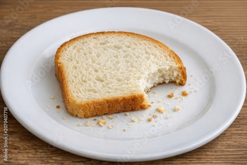 A slice of bread partially consumed on a white plate, perfect for editorial and commercial use
