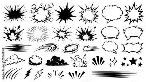 Bild auf Leinwand Comic book explosion effects and speech bubbles set, pop art style black silhoue