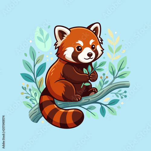 A cheerful red panda calmly sits on a leafy branch