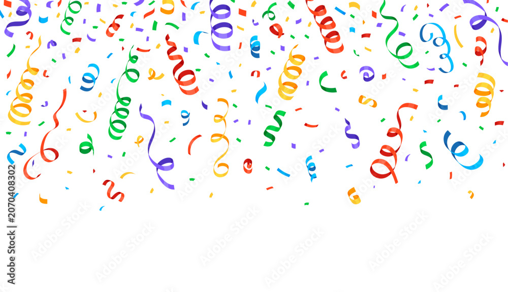 Fototapeta premium Carnival confetti holiday background, birthday party, anniversary and fiesta event bg. Bright festive backdrop with falling curly serpentine streamers. Border with paper ribbons cascading from the top