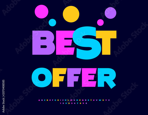 Vector Festive billboard Best Offer for Sales. Fancy Colorful Font. Classy Alphabet Letters and Numbers set.