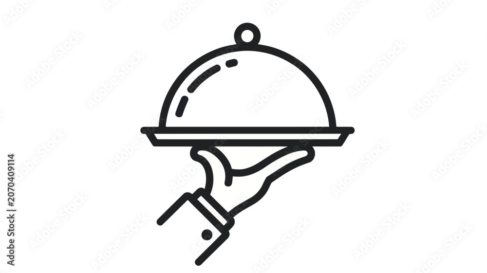 Fototapeta premium Minimalist line art icon of a hand serving a covered platter for restaurant