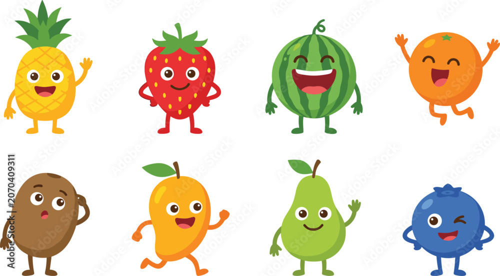 Obraz premium Cute Cartoon Fruit Characters Collection with Smiling Tropical and Fresh Fruits