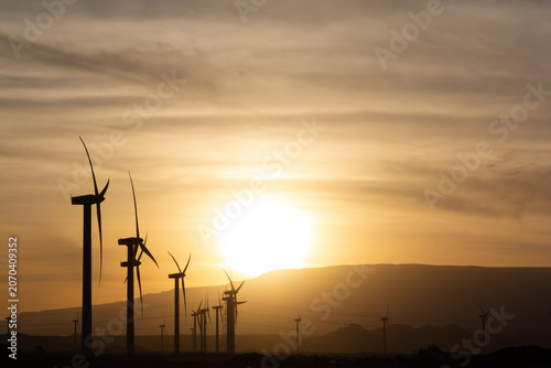Wind Turbines Generating Renewable Energy at Golden Sunset