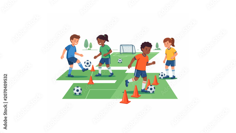 Fototapeta premium Young soccer players practicing dribbling skills on a green field with cones