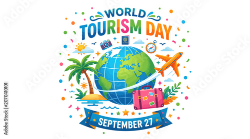 World Tourism Day colorful illustration with globe and travel elements.