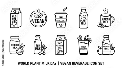 World Plant Milk Day icon set featuring vegan dairy alternatives.