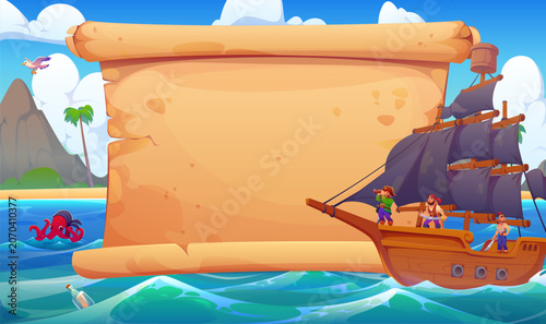 Pirate banner with old paper scroll and corsairs sail ship with brave captain and sailors on deck. Pirate party invitation banner and adventure game background with treasure island sea landscape