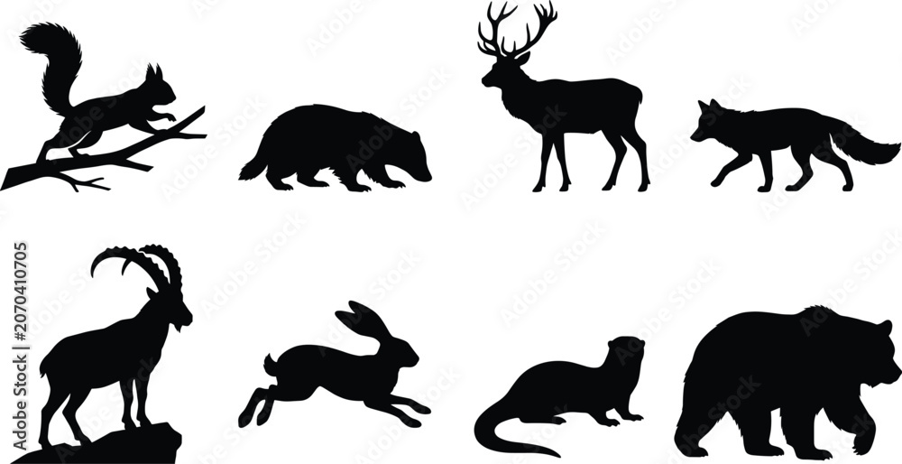 Fototapeta premium Wild Forest Animal Silhouette Collection with Bear Deer Fox Rabbit and Squirrel