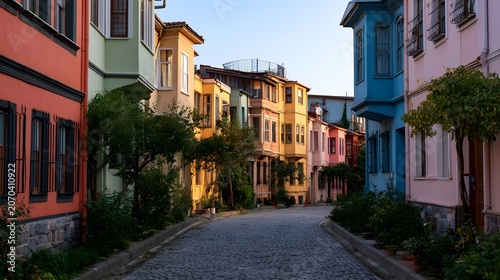 A picturesque ancient city street featuring brightly colored houses adorned with delicate rhythmic patterns and intricate architectural details