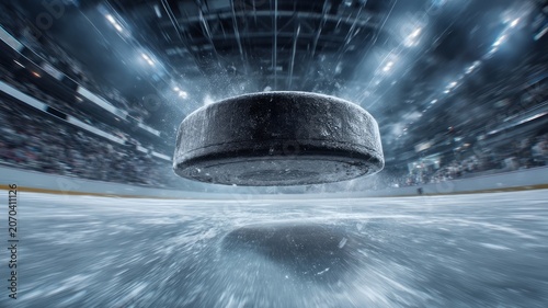 Flying hockey puck on ice in arena. Artificial intelligence image