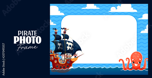 Obraz na plátně Kids photo frame with pirate sail ship and angry kraken octopus