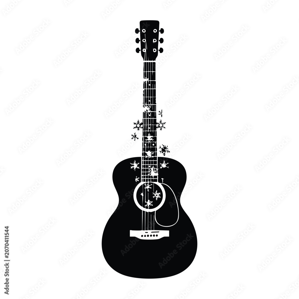 Fototapeta premium Acoustic guitar decorated with winter snowflakes black silhouette art