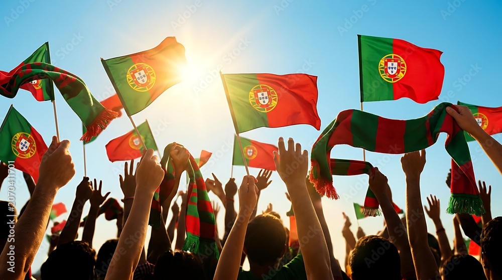 Fototapeta premium Crowd of people celebrating with portuguese flags and scarves waving in sunlit sky during national holiday or sports event, joyous patriotic atmosphere.