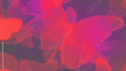 Abstract blurred red butterflies on purple and magenta gradient background with grainy noise effect. Background template, cover, and wallpaper for website banners and landscape screens.