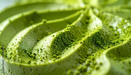 Macro Shot of Creamy Matcha Green Tea Ice Cream Swirls Sprinkled with Fresh Organic Matcha Powder