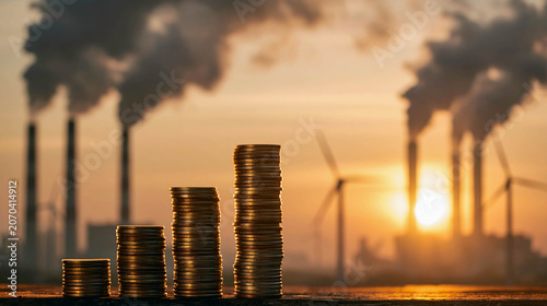 Piles of coins against the backdrop of industrial chimneys with thick smoke and wind turbines at sunset, the concept of climate economics, carbon tax, and the cost of CO2 emissions.