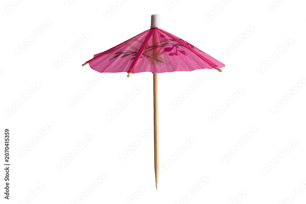 Obraz premium A small pink paper cocktail umbrella with a wooden toothpick stem, isolated on a black background, featuring a delicate floral print on the canopy