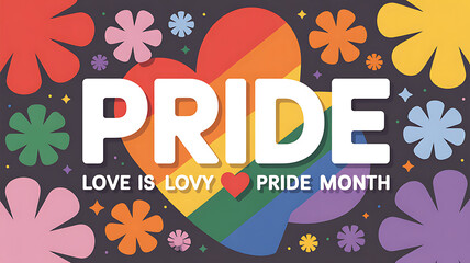 Vibrant pride month graphic with rainbow heart flowers on dark background