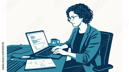 AI Professional Working on Laptop with Digital Analytics and Artificial Intelligence Interface
