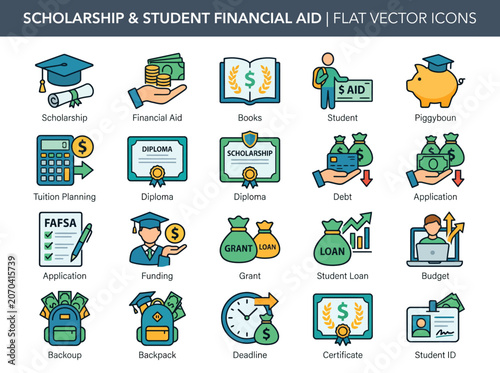 Colorful vector icons representing scholarship and student financial aid concepts for education funding.