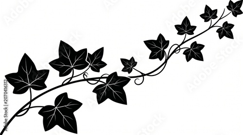 A high-contrast black silhouette of an ivy branch with stylized leaves and delicate curling tendrils, winding diagonally across a solid white background in a minimalist graphic style.