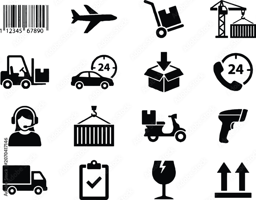 Fototapeta premium Logistics and shipping icons set, black delivery service symbols, 16 transportation and supply chain vector elements for warehouse management