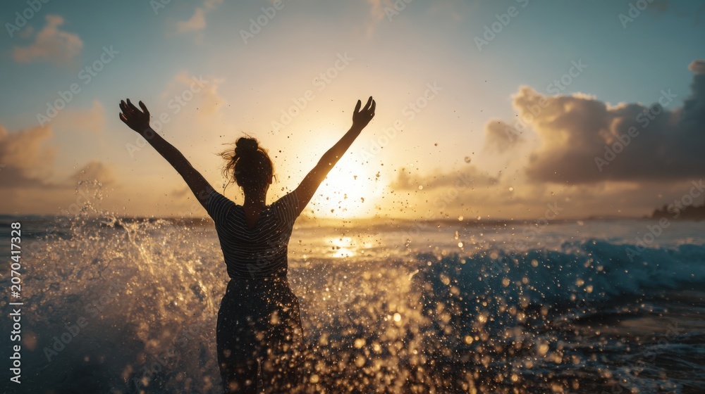 Fototapeta premium joyful person standing by the ocean with arms raised toward the sun, waves sparkling in golden light, freedom and inspiration concept, cinematic