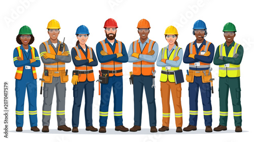 Construction workers in safety gear standing.