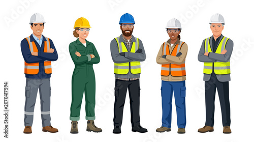 Construction workers in safety gear standing.
