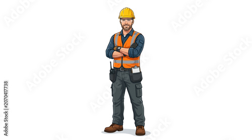 Man wearing orange safety vest and hard hat.