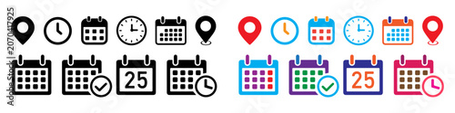 Calendar, clock, and location pin web icons set in black and multicolor variations vector illustration. PNG. Editable stroke. Minimalist event planning icons set.