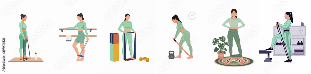Fototapeta premium Set of flat vector illustrations of a woman performing various exercises with resistance bands in different indoor settings for health and fitness.