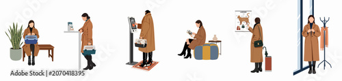 Obraz na płótnie Collection of illustrations showing a woman visiting a veterinary clinic, from waiting and check-in to looking at anatomy posters